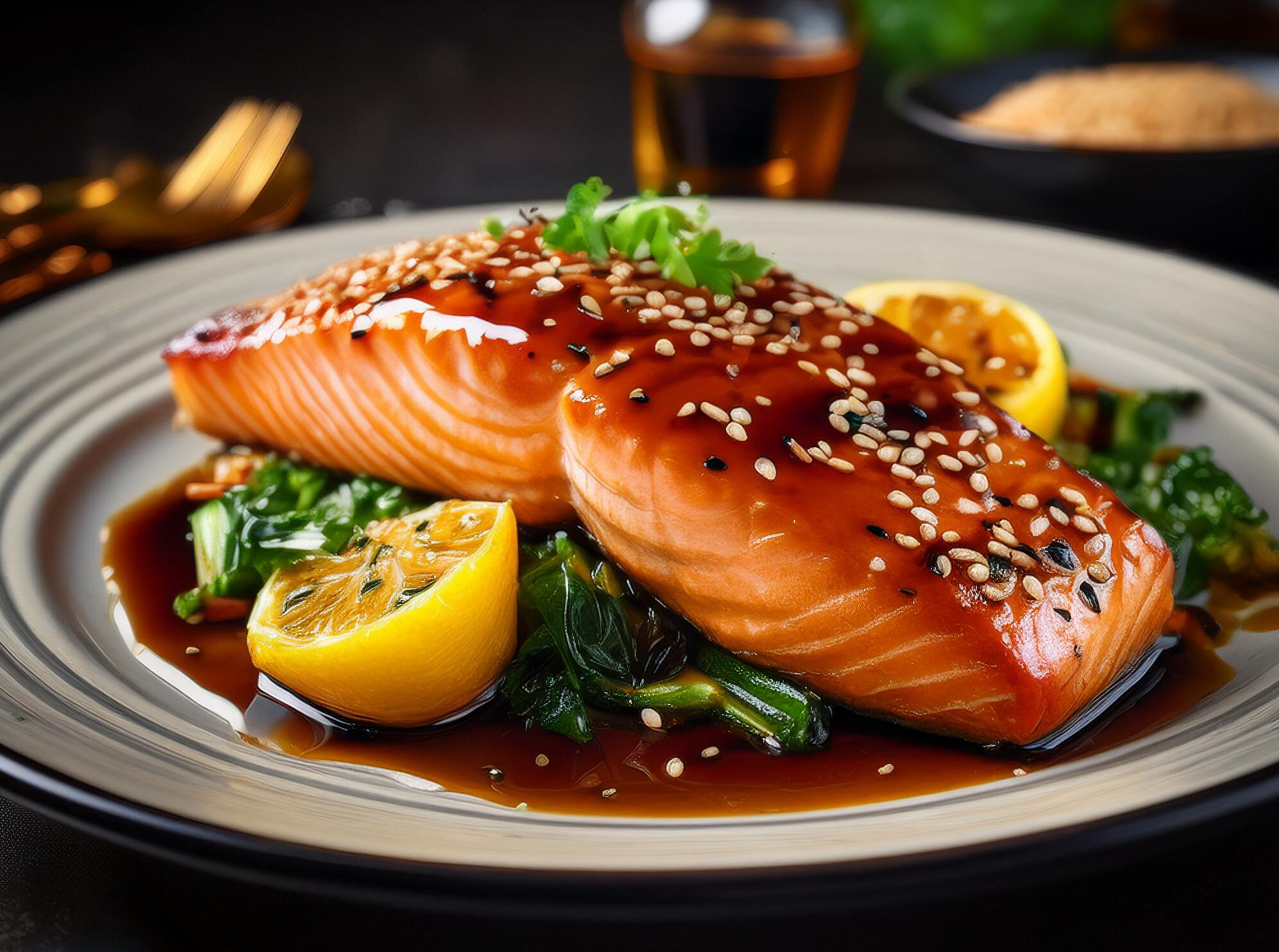 Firefly image of your Honey Soy Glazed Salmon dish to pair with the recipe. Its a vibrant and mouth e1727405804728